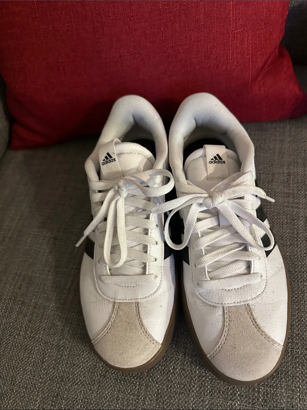 adidas White Sneakers with Black Stripes and Brown Sole